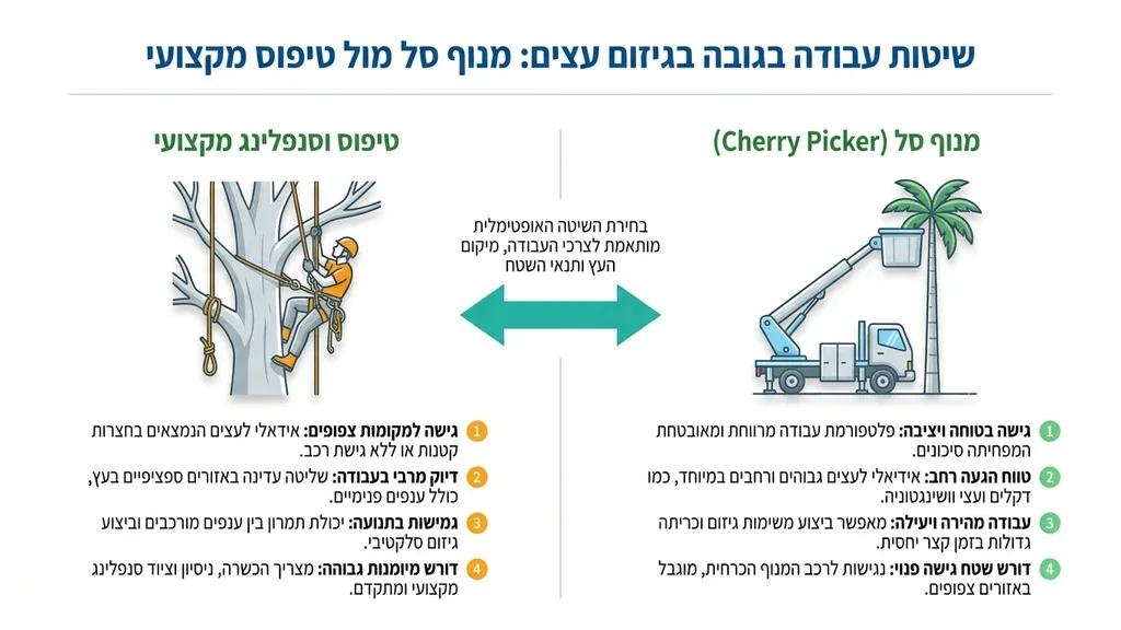 עבודה בגובה רב לגיזום עצי דקל ענקיים באמצעות מנוף סל