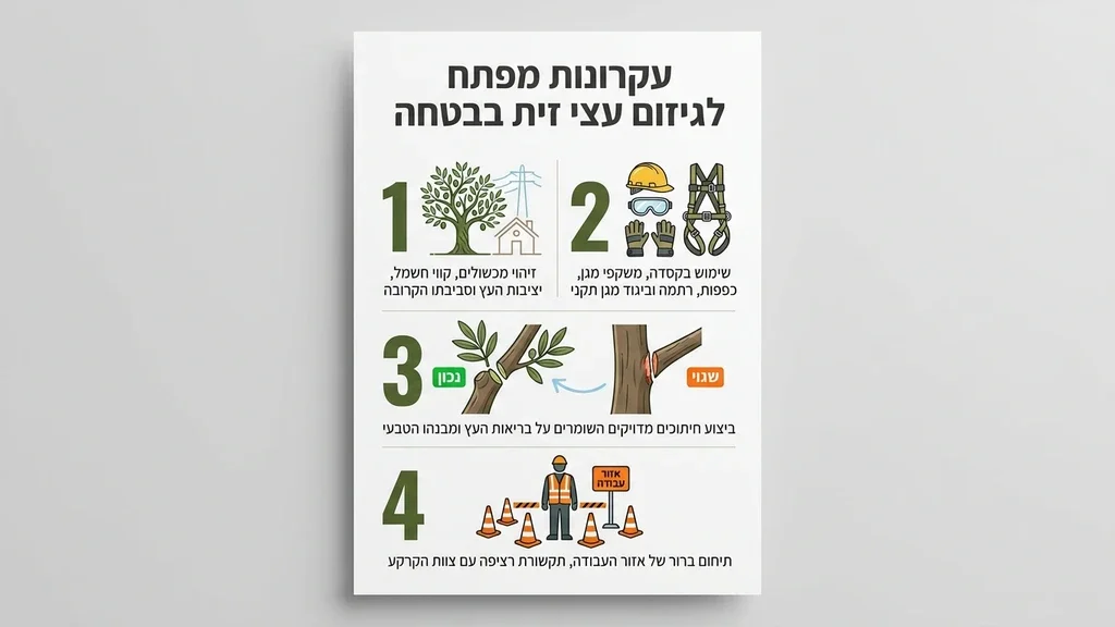 איש מקצוע מבצע גיזום עץ זית עם ציוד מגן