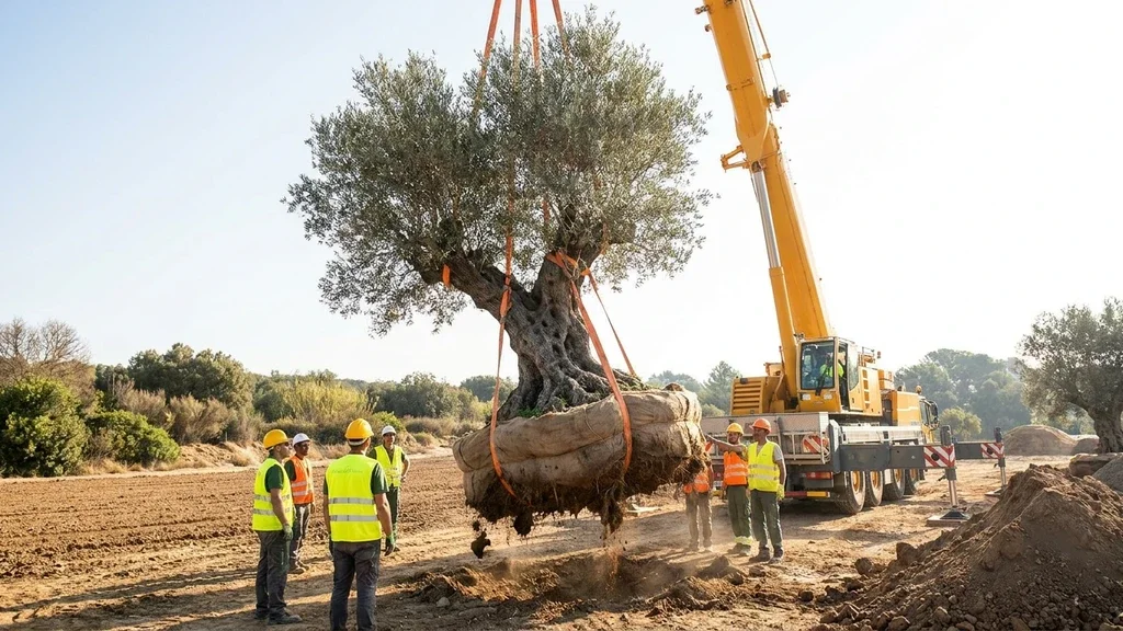 העתקת עץ זית באמצעות מנוף