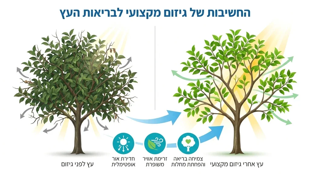 עץ פרי מטופח לאחר גיזום מקצועי המאפשר חדירת אור שמש