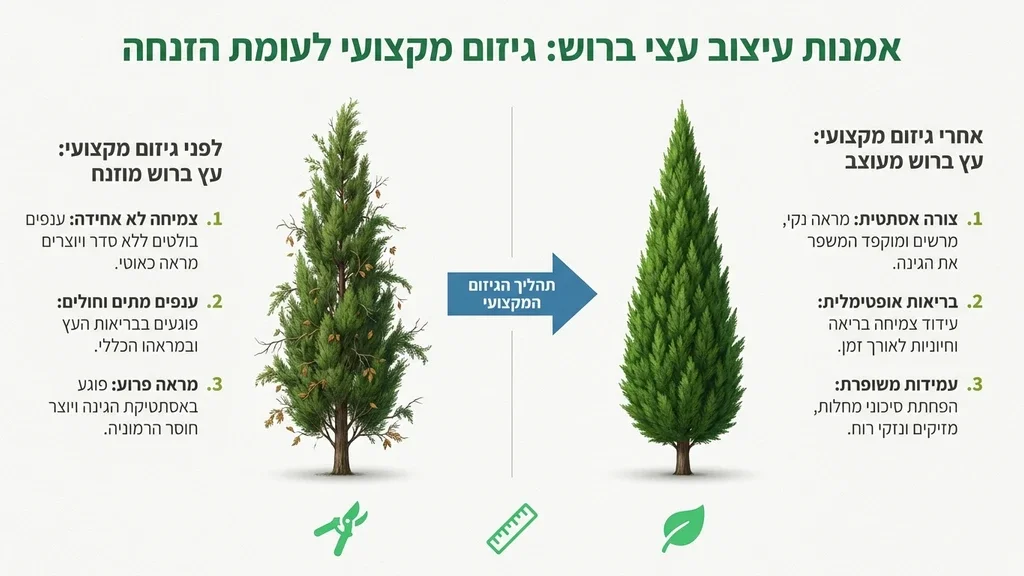 גיזום עץ ברוש מעוצב בגינה פרטית