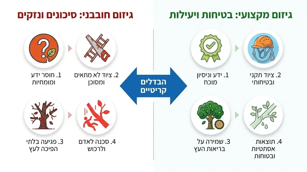 גנן מומלץ לגיזום עץ פיקוס עובד עם ציוד בטיחות מתקדם